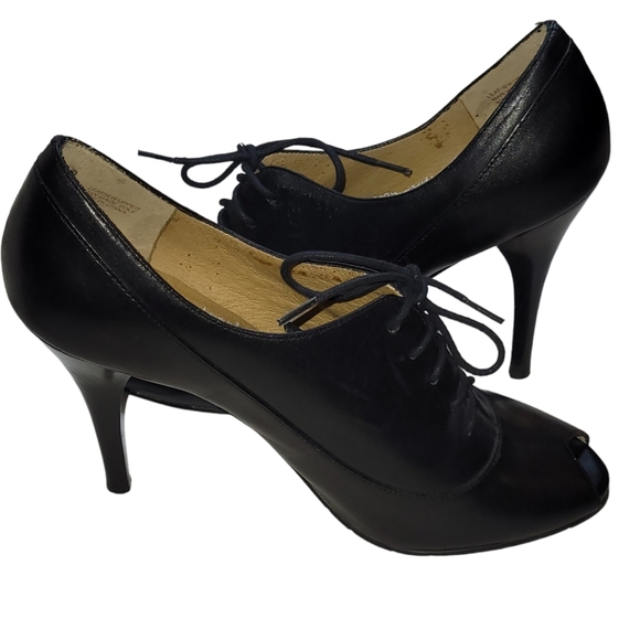 Ciao Bella 40's Style Black Leather Open Toe Peep Lace Up Heels Size 8 1/2 - Picture 5 of 8